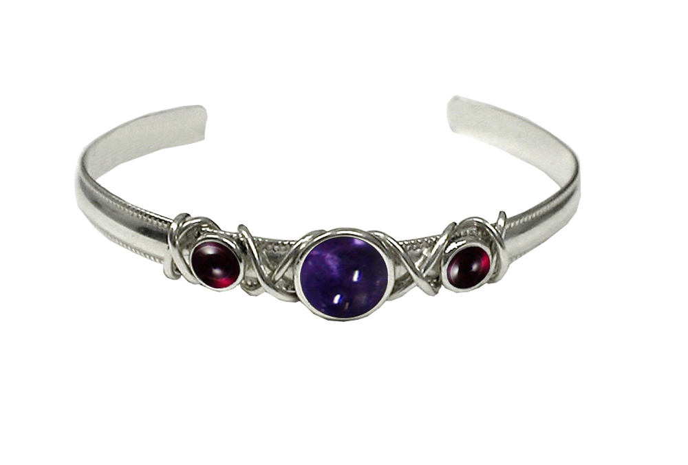 Sterling Silver Hand Made Cuff Bracelet With Iolite And Garnet